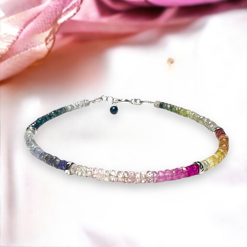 Natural Ombre Rainbow Sapphire Bracelet in Solid 14K White Gold, 7 1/2" - 7.9"